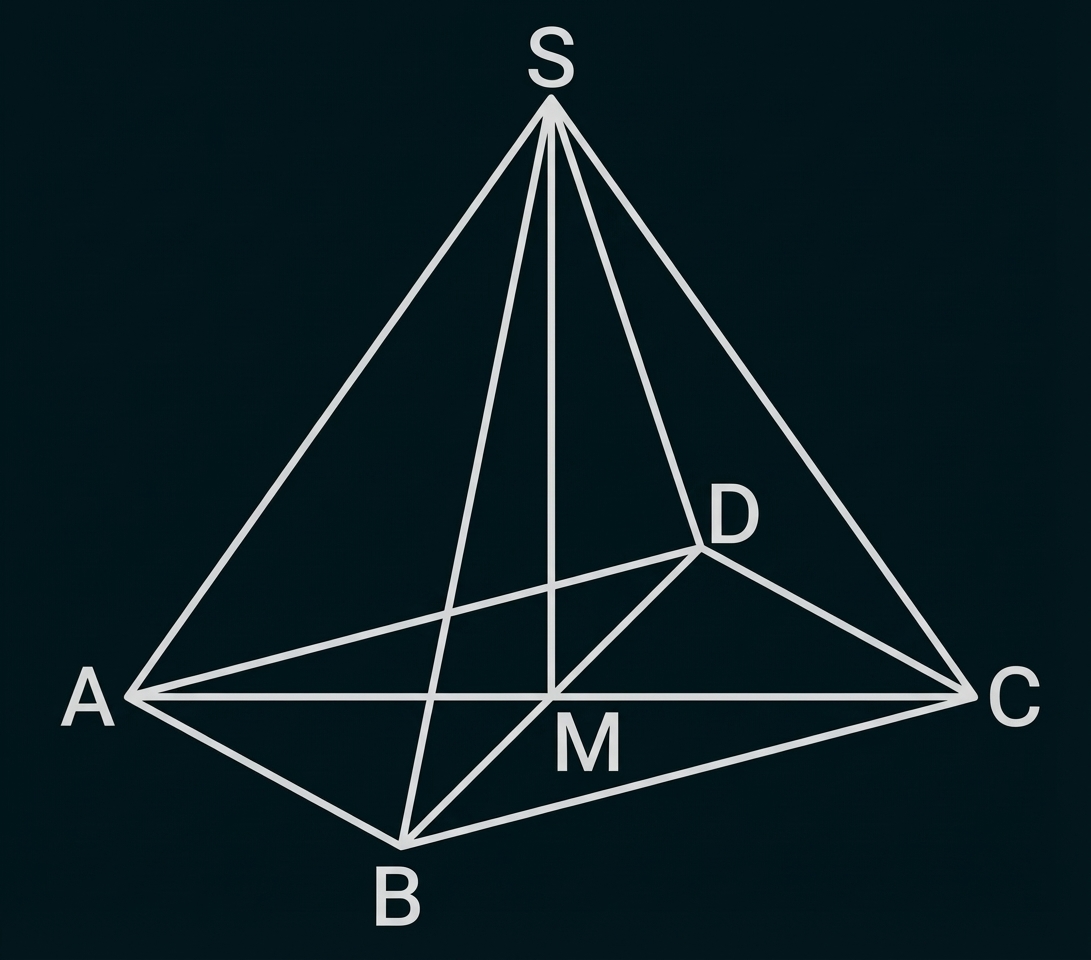 Dreieckspyramide S‑A‑B‑C mit inneren Verbindungsstrecken, Punkt D an Flanke und Punkt M in der Grundfläche.